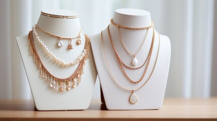 Two white necklace busts on a white background. The busts are wearing gold and pearl necklaces and earrings. The necklaces have different styles and layers. The background is white with a slight