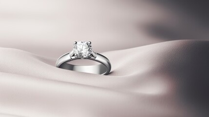 A diamond engagement ring on a white satin background. The ring is made of white gold or platinum and has a large, round diamond in the center. The diamond is held by four prongs. The background is a