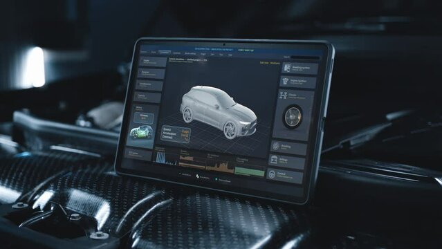 Tablet computer screen shows 3D animation of professional program for real-time car diagnostics and aerodynamics testing using 3D virtual electric vehicle model. Concept of car developing technology.