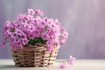Fototapeta na wymiar Beautiful bouquet in wicker basket on table