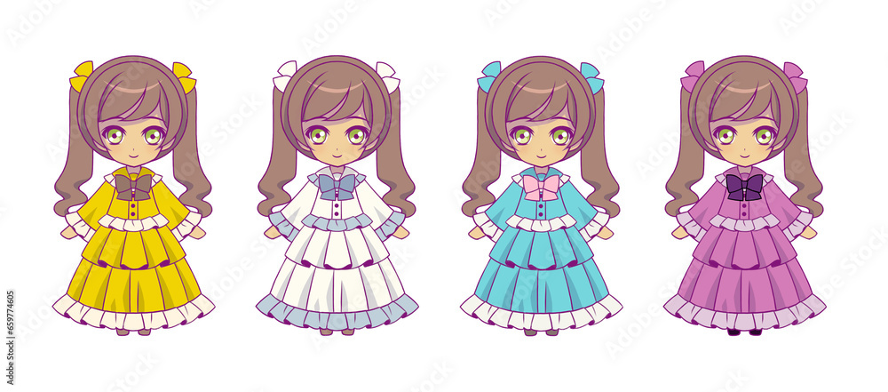 Sticker anime style girls character illustration set