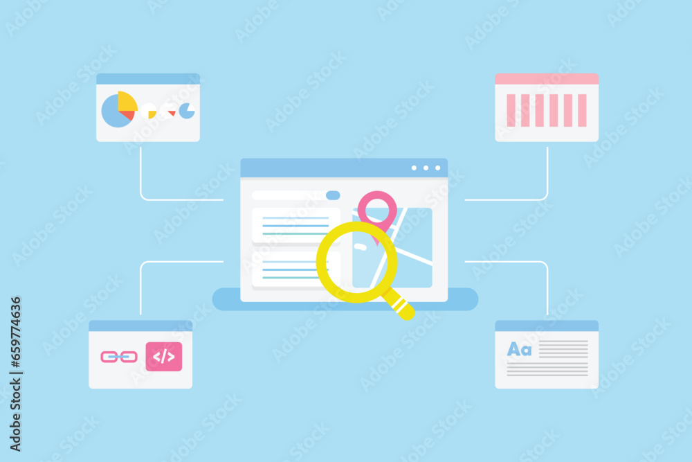 Poster concept of search engine algorithm, website ranking analytics including content marketing, link stra