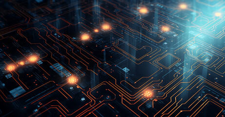 Obraz premium An abstract background featuring digital circuitry patterns and futuristic elements. This high-tech backdrop is a favorite for tech-related projects, conveying innovation and connectivity