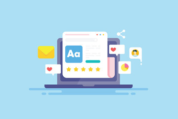 Content development, blogging and social media post engagement, high quality content rating, business communication concept, laptop pc screen internet vector illustration.