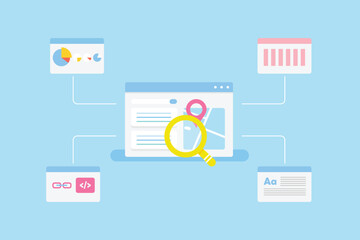 Concept of search engine algorithm, website ranking analytics including content marketing, link strategy, web traffic SEO report, vector illustration web banner.