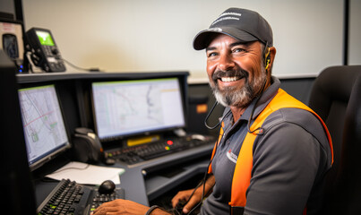 portrait of Dispatcher. Schedule, dispatch workers, work crews, equipment, service vehicles for conveyance of materials, freight, passengers, for normal installation, service, or emergency repairs - obrazy, fototapety, plakaty