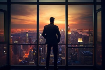 Businessman Contemplating Success: Cityscape View from Office Window