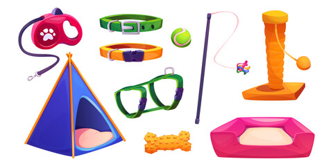 Pet shop goods isolated on white background. Vector cartoon illustration of color toys accessories for cats and dogs, walking leashes, wigwam house with bed, claw scratcher, ball for playing, training © klyaksun