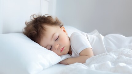 Cute little baby sleeping in bed at home, close-up portrait - obrazy, fototapety, plakaty