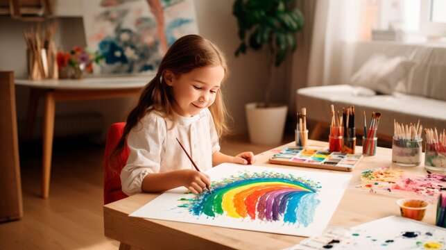 Cute little girl drew a rainbow.