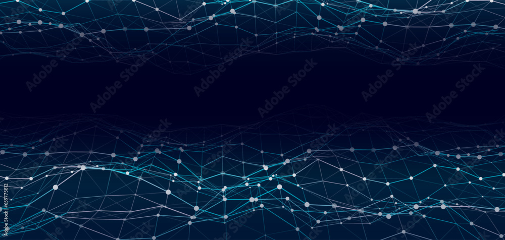 Poster double blue abstract technology wave with dots and lines. flow of particles. big data transfer visua