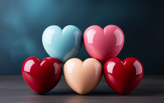 Heart shaped colorful stones on blue background