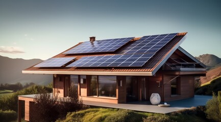 Eco-Friendly House with Solar Panels on the Roof, Blue Sky Background, Copy Space