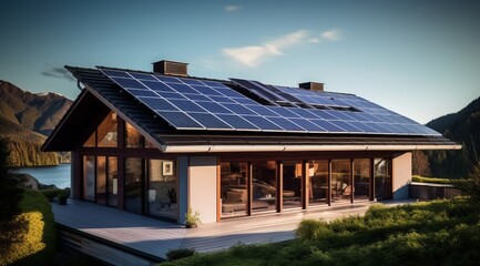 Fototapeta premium Eco-Friendly House with Solar Panels on the Roof, Blue Sky Background, Copy Space