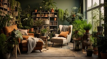 Fototapeta na wymiar Lush Greenery and Cozy Living Room Furniture Collection: A Refreshing Blend of Nature and Comfort