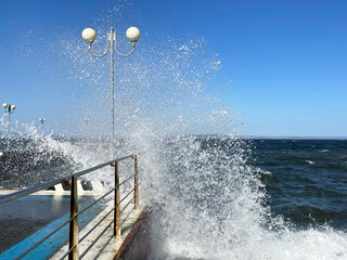 Vladivostok, Russia, October, 10, 2023. Big waves on the Sports embankment in Vladivostok in windy...