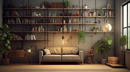 Cozy Living Room with Brown Reclining Sofa and Bookshelves - obrazy, fototapety, plakaty