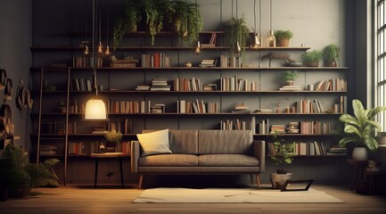 Cozy Living Room with Brown Reclining Sofa and Bookshelves