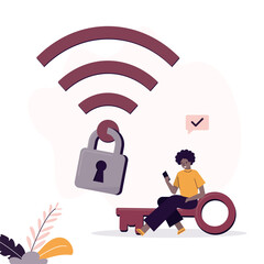 User woman connect to wifi, network with padlock, good encryption. wireless security or safety for internet, network protection or mobile access. - obrazy, fototapety, plakaty