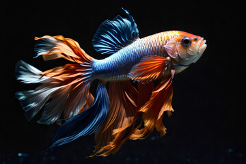 colorful fighting Siamese fish with beautiful silk tail isolated on black background - obrazy, fototapety, plakaty