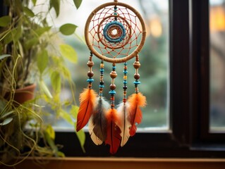 Natural Dream Catcher with Orange and Red Feather on Rustic Wooden Background, Boho Style, Copy Space