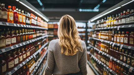 A woman comparing products in a grocery store, considering nutrition, prices, and ingredients, demonstrating informed consumer behavior. Generative AI - obrazy, fototapety, plakaty