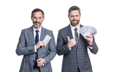 successful business brings money. successful business men investors in suit. financial investment. businessmen with money isolated on white. businessmen invest money in business. Cash flow