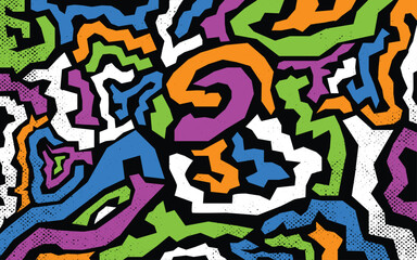Fototapeta premium Graffiti curves seamless pattern with grunge effect. using a retro 80s style background. with purple, blue, green, orange, white and black. Vector