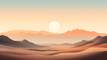 Obraz premium tranquility of a desert landscape at dawn, featuring sand dunes, a few cacti, and a subtle sunrise.