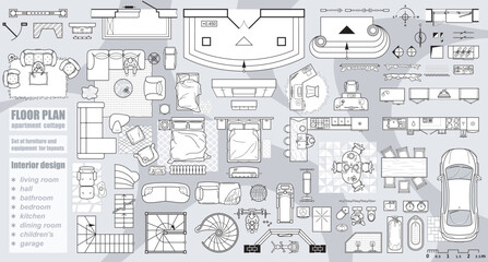 Collection of furniture and equipment top view for house plan. Interior icons set for bathrooms and living room, kitchen and bedroom (view from above). Vector blueprint for apartment floor plan - 659777436