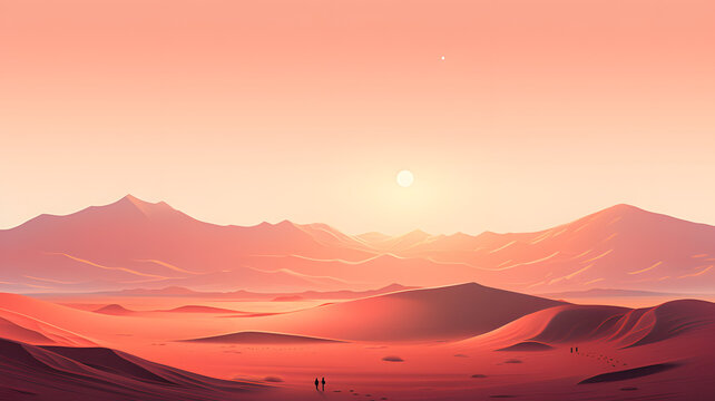 tranquility of a desert landscape at dawn, featuring sand dunes, a few cacti, and a subtle sunrise.