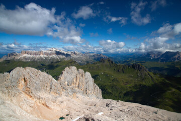 The Sella Group and Piz Serauta on the Marmolada in the Dolomites, Italy.