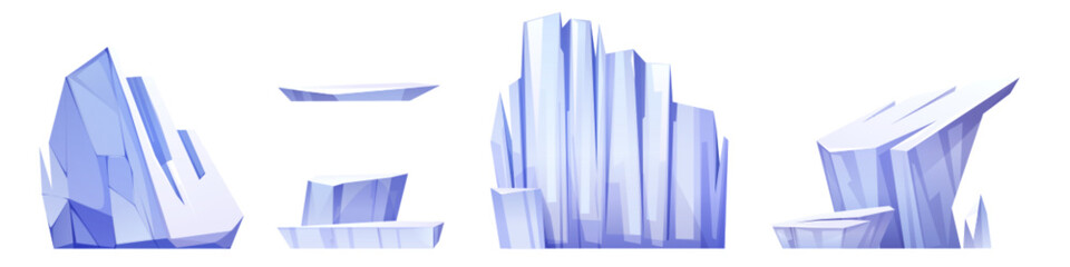 Big iceberg rocks and pieces. Cartoon vector illustration set of blue arctic frozen mountain. Polar ice and snow geometric blocks. Danger glacier floating and drifting in north sea or ocean.