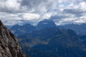 Panoramic view from the top of the Marmolada Glacier, Dolomites,  South Tyrol, Italy.