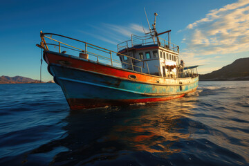 Obraz premium Tranquil Seascape: Boat Fishing Beneath the Azure Sky