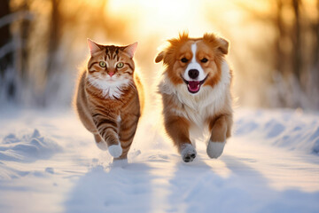 Naklejka na ściany i meble Playful Feline and Canine Friends Embrace Snowy Bliss