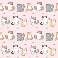 Seamless Pattern of Cute Cartoon Cat Design on Light Pink Background