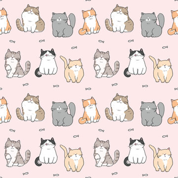 Fototapeta Seamless Pattern of Cute Cartoon Cat Design on Light Pink Background