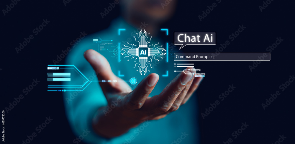 Poster businessman show virtual graphic global internet connect command prompt chat with ai cpu for generat