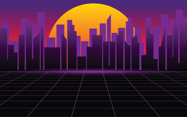 Retro neon city background with sunlight about to set 80s retro neon style. Vector illustration