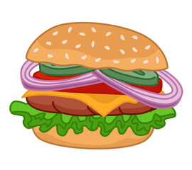 Big delicious burger. Fast food in cartoon style.