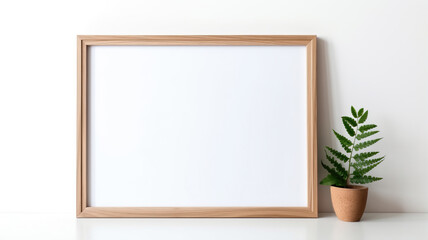 Fototapeta na wymiar Empty wooden frame on white background, mockup, minimalist