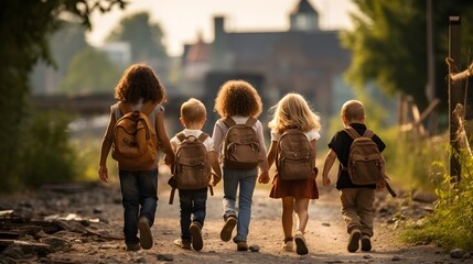 Group of young children walking together in friendship, embodying the back-to-school concept on their first day of school. Generative AI