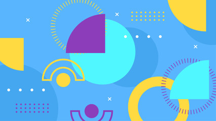 Blue yellow and purple violet abstract background with flat memphis geometric shapes and lines. Minimalist and simple cover template design