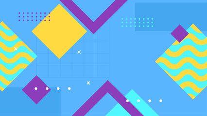 Blue yellow and purple violet modern abstract flat memphis geometric background with with simple shapes circle, line, triangle, dot, use for template poster event, social media banner