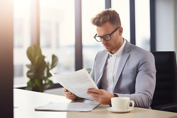 Obraz premium Young professional businessman reading paperwork while sitting at their desk in office