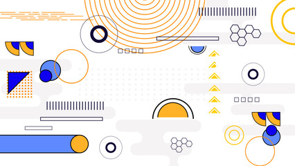 White yellow and blue modern abstract flat memphis geometric background with with simple shapes circle, line, triangle, dot, use for template poster event, social media banner and digital poster