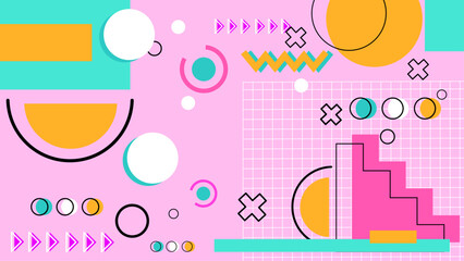 Pink green and yellow flat abstract shapes memphis geometric background. Applicable for presentation, covers, posters and banner