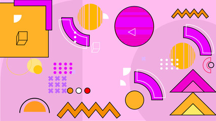 Pink yellow and white flat abstract shapes memphis geometric background. Applicable for presentation, covers, posters and banner