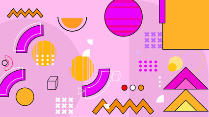 Pink yellow and white modern abstract flat memphis geometric background with with simple shapes circle, line, triangle, dot, use for template poster event, social media banner and digital poster